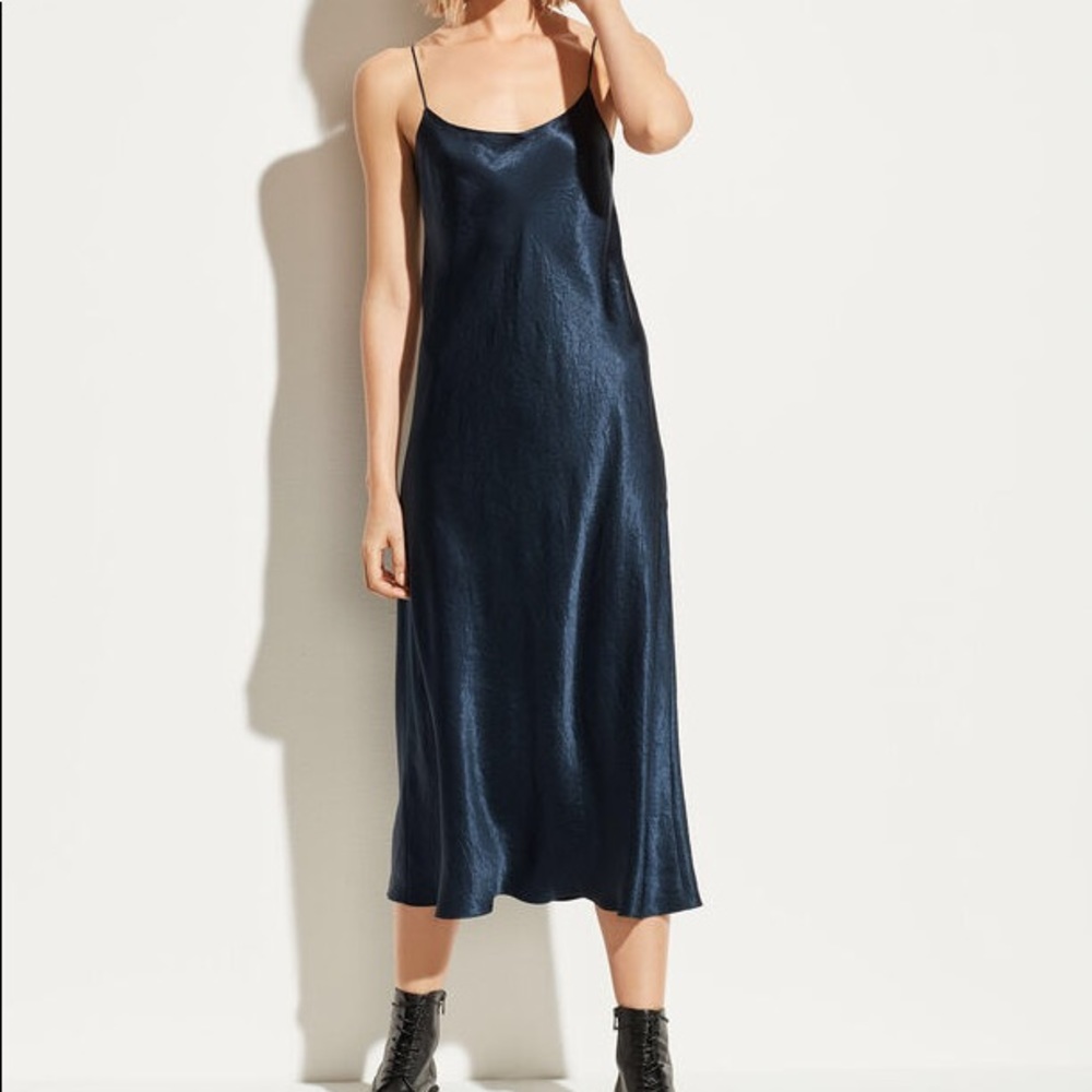 Navy blue satin slip dress by VINCE
